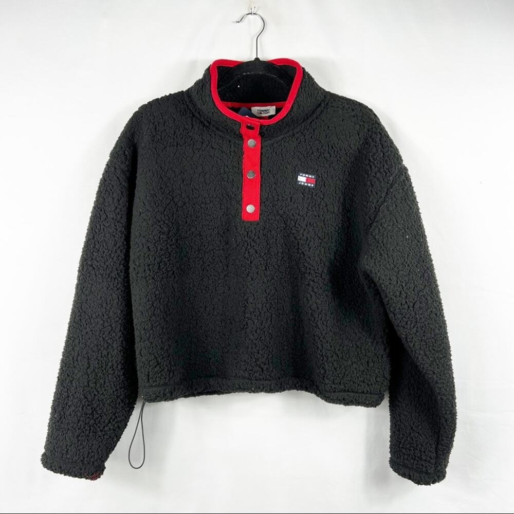 TOMMY JEANS Women's Black 1/4 Snap Sherpa Cropped Pullover NWT in Large - Picture 1 of 6